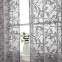 OVZME Grey Small Sheer Curtains 45 Inch Length 2 Panels Set, Light Filtering Soft Airy Cafe Curtains Rod Pocket Design, Leaf Bird Jacquard Farmhouse Window Drapes for Kitchen, 2x38Wx45L