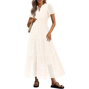 PRETTYGARDEN Womens 2026 Summer Maxi Dress Short Sleeve V Neck Hollow Out Eyelet A Line Long Flowy Beach Vacation Dresses (White, Small)