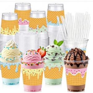 Jingmore 48 Set 12oz Clear Ice Cream Party Cup Disposable Plastic Dessert Parfait Cups with Lids and Straws Summer Ice Cream Disposable Cold Drinking Party Favors for Outdoor Graduation Bar Supplies