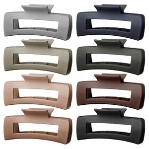 TOCESS 4.33 Inch Big Claw Clips 8 Pack, Matte Finish Large Neutral Color Hair Claw for Thick, Curly, Long, Wavy Hair, Non-slip Square Bulk Hair Clips for Women & Girls (Square A.Black, Gray, Brown, Beige, Linen)
