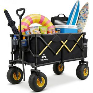 Beach Wagon with Big Wheels - 400LBS Heavy Duty Foldable All Terrain Cart with 9" Balloon Wheels for Sand - Collapsible Beach Dolly with Adjustable Handle & Cooler Bag for Outdoor Use, Black