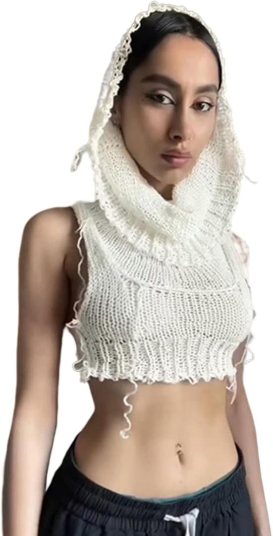 Women Knitted Hoodie Sweater Vest Sexy Sleeveless Hollow Out Hooded Crop Top Streetwear Rave Oufit (Large, White)