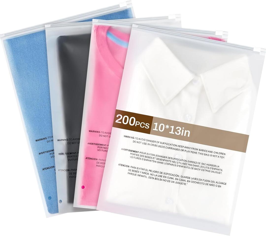 Qilery 200 Count 10 x 13 Inch Large Self Seal Frosted Zipper Plastic Bags Clothes Packaging Bags for Shipping with Suffocation Warning for Clothing T Shirts Skirt Sweater, 4 Mil