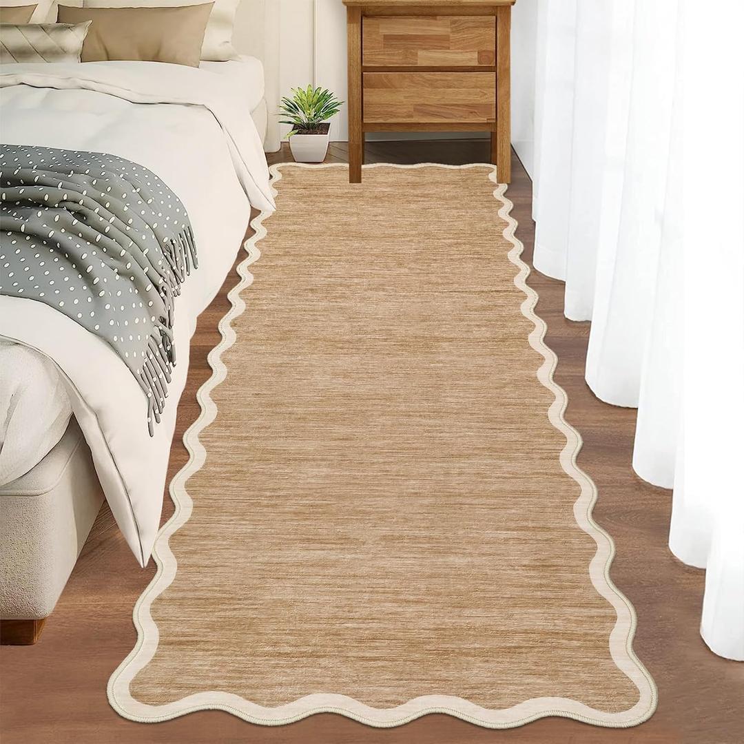 GarveeHome Scalloped Washable Runner Rug 2x6 Runner Non Slip Kitchen Rugs Modern Entryway Rug Farmhouse Soft Bathroom Rugs Stain Resistant Carpet for Hallway Laundry Bedroom 2 ft x6 ft Light Brown