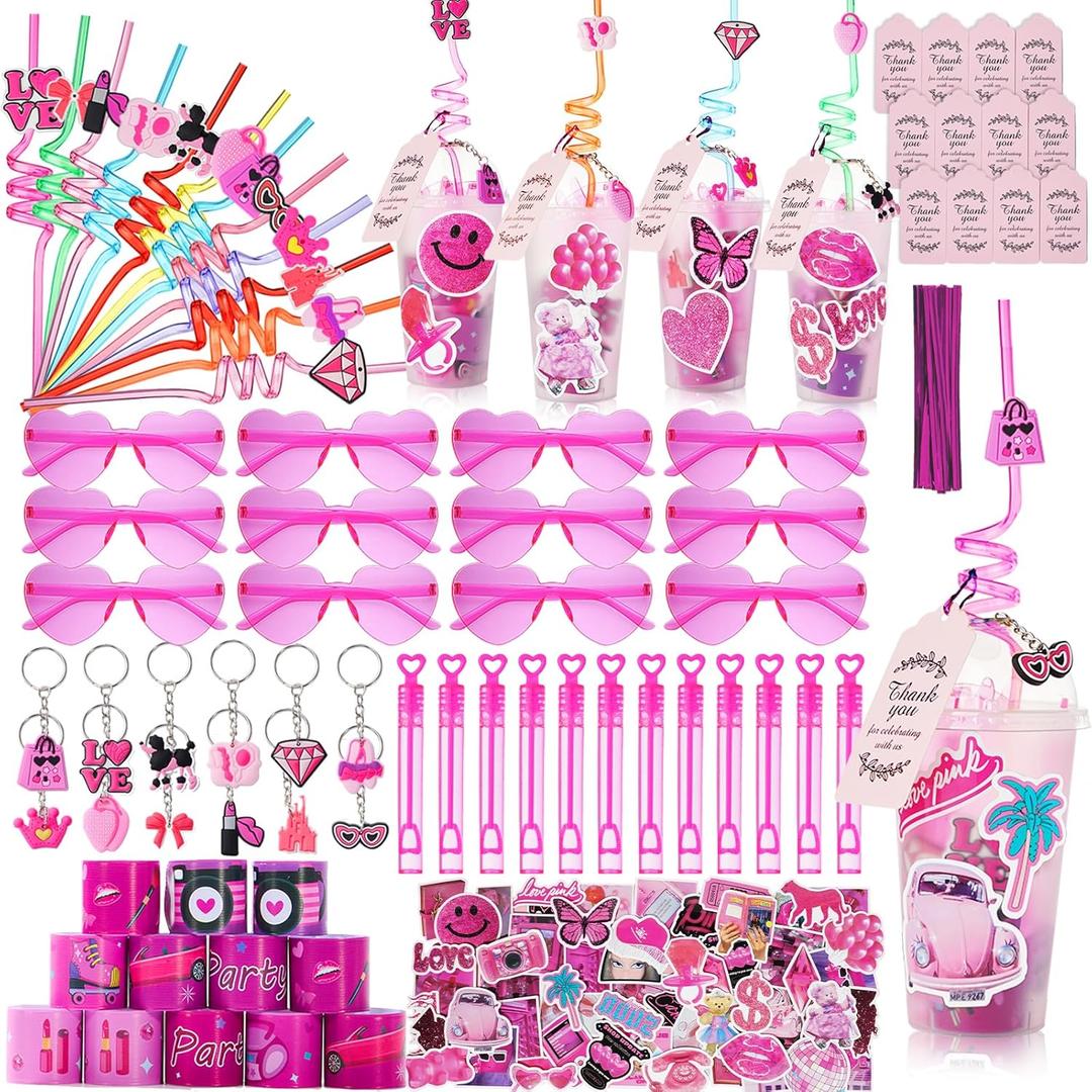 134Pcs Pink Girls Party Favors Pack for Kids 4-8, Princess Theme Birthday Party Decoration Supplies with Heart Glasses Straws Bubble Wands Stickers Bracelets Keychains, DIY Gift Cups for 12Guests