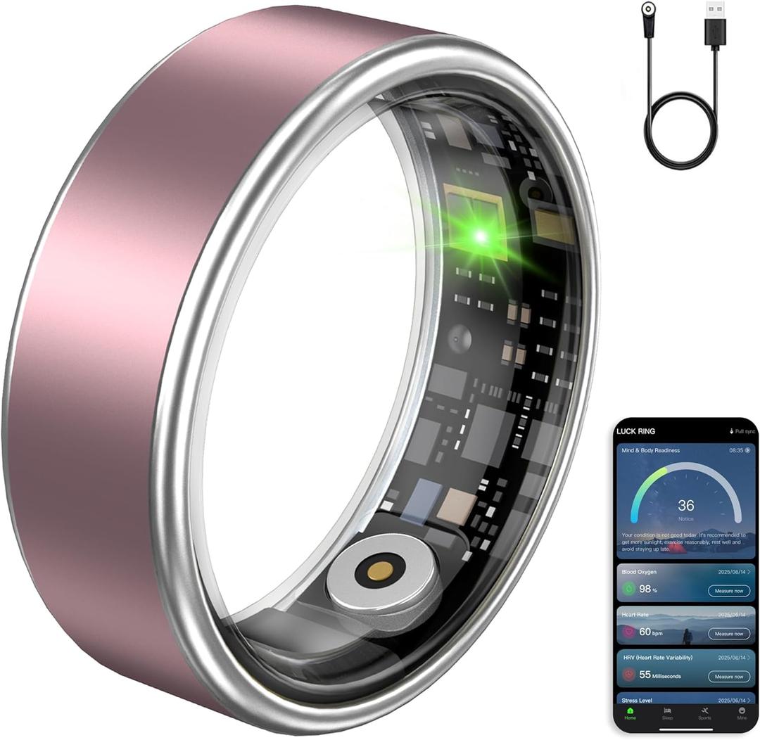 Smart Ring for Women & Men, Fitness Tracker Ring with Heart Rate Monitor, HRV, Sleep Tracking, No Subscription Fee, 10ATM Waterproof Activity Ring for Android & iPhone (Matte Pink, 7#)