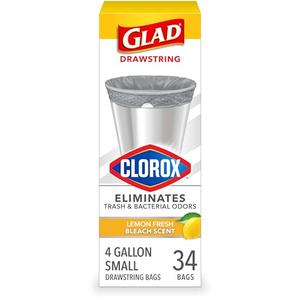 2 Pack Glad Small Drawstring Trash Bags with Clorox, 4 Gal, Lemon Fresh Bleach, 68 Ct