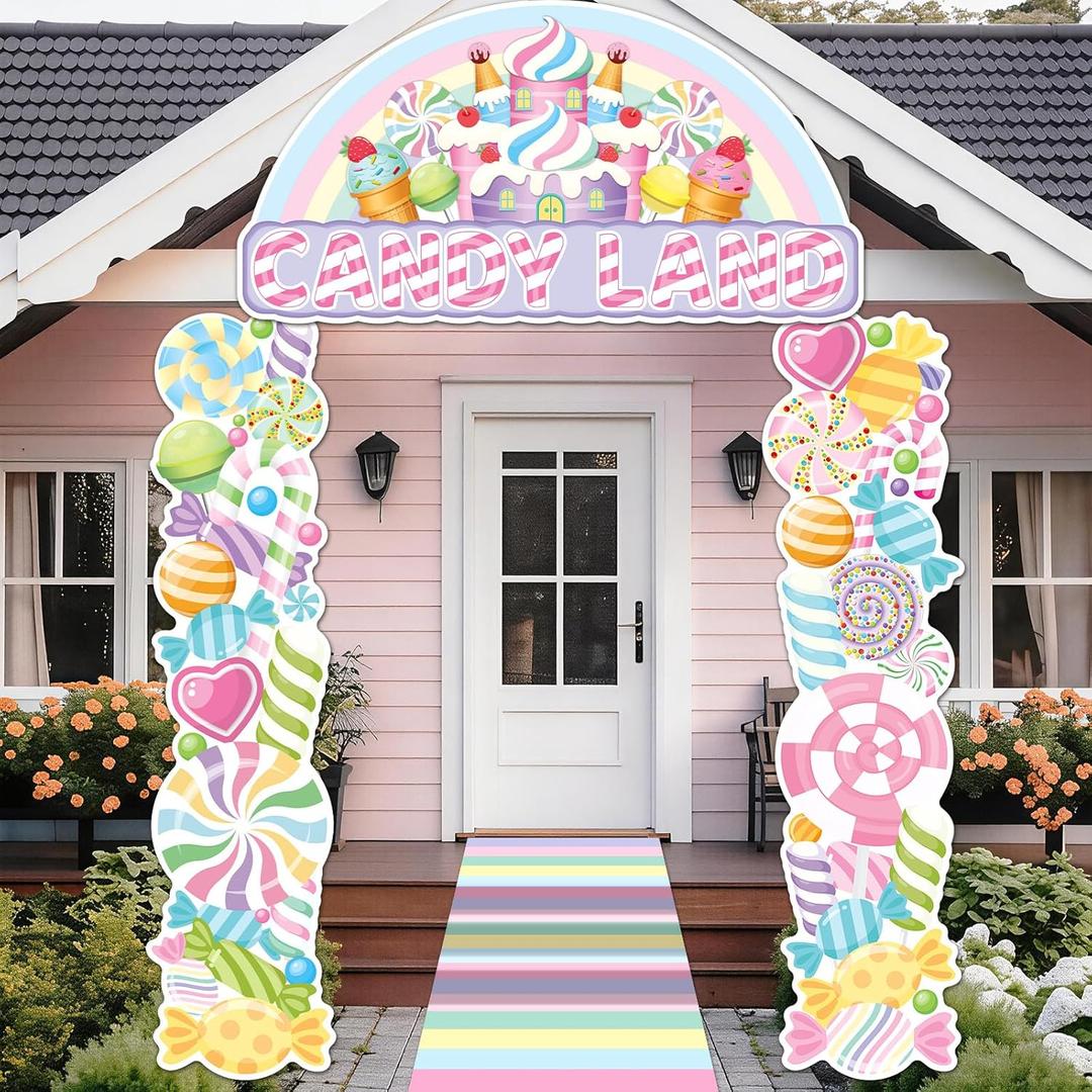 4pcs Sweet Land Party Decorations Pastel Lollipop Hanging Banners Candy Door Covers Supplies Candy Store Pastel Runner Rug Backdrop Porch Sign for Birthday Baby Shower Photo Booth Decors