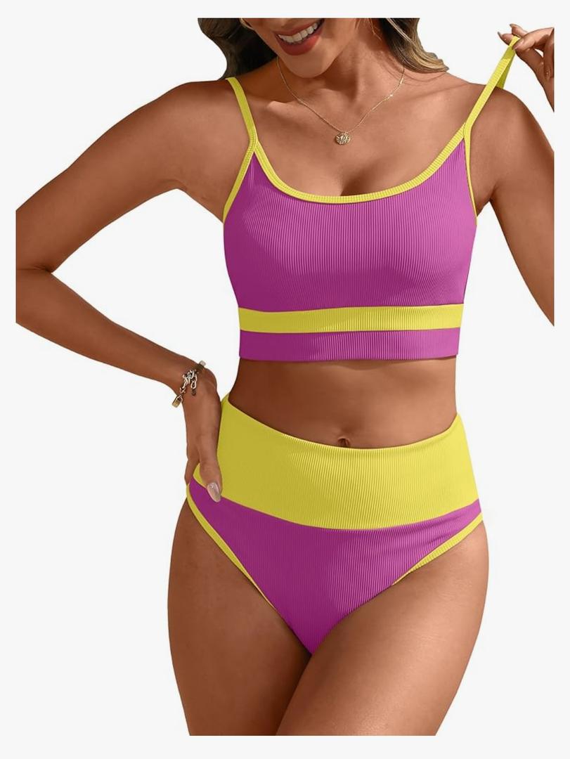 ANRABESS Women High Waisted Bikini Sets Color Block Summer Beach Vacation 2 Piece Bathing Suit Tummy Control Ribbed Swimsuit Large, Rose Yellow 