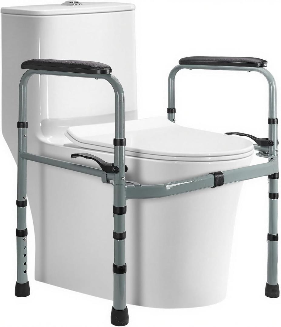 Toilet Safety Rail for Seniors Adjustable & Foldable Toilet Safety Frame with Padded Handles, Stand Alone Bathroom Safety Rail & Toilet Support for Elderly, Fits Most Toilets, 350 lb Capacity