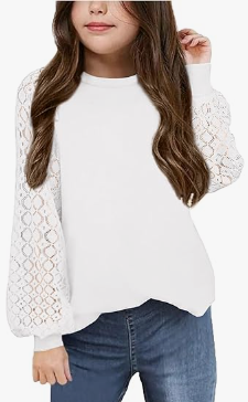 Arshiner Girls Shirts Lace Raglan Long Sleeves Crewneck Casual Soft Kids Blouse Tee Tops (11-12 Years, Black)