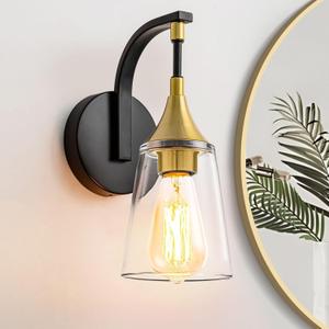 1-Light Bathroom Wall Sconce Light, Black and Gold Wall Light Fixtures with Clear Glass Shade, Modern Wall Lamp Indoor Wall Mounted Light for Hallway Bedroom Living Room Mirror