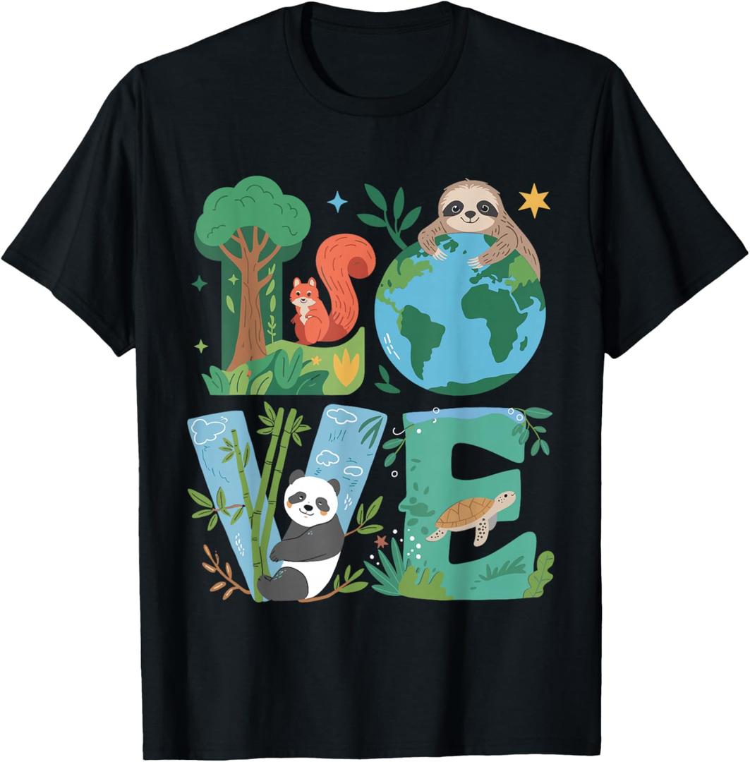 Love Earth Day Planet 2025 Anniversary Environmental Animals T-Shirt (Black, L)