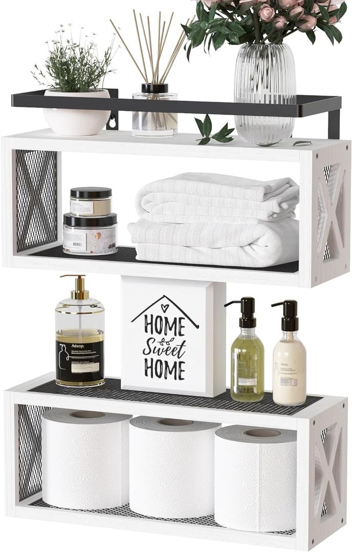 RICHER HOUSE Floating Shelves with Guardrail, Rustic Wood Shelves for Wall Dcor, Farmhouse Bathroom Accessories Wall Mounted, Bathroom Organizer Over Toilet Storage, Kitchen, Living Room - White