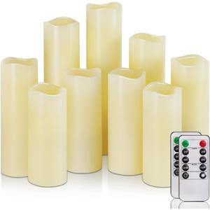 Homemory Ivory LED Pillar Candles - Battery Operated Candle, Real Wax Flameless Candles, 4-9" Set of 9, Unscented, Remote & Timer Homemory Ivory LED Pillar Candles - Battery Operated Candle, Real Wax Flameless Candles, 4-9" Set of 9, Unscented, Remote & Timer