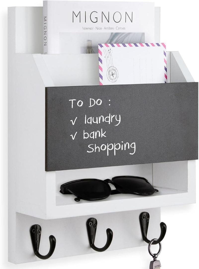 Key and Mail Holder for Wall, Key Holder with Chalkboard and Long Storage Box, Key Hanger with 3 Sturdy Hooks for Coat, Dog Leash, Entryway Mail Organizer (White)