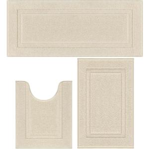 SHACOS Soft Fluffy Bathroom Runner Rugs Set of 3 Bath Mats with U Shape Toilet Rugs Non Slip Washable Bath Rugs Absorbent Bathroom Carpet for Shower Tub, Light Beige