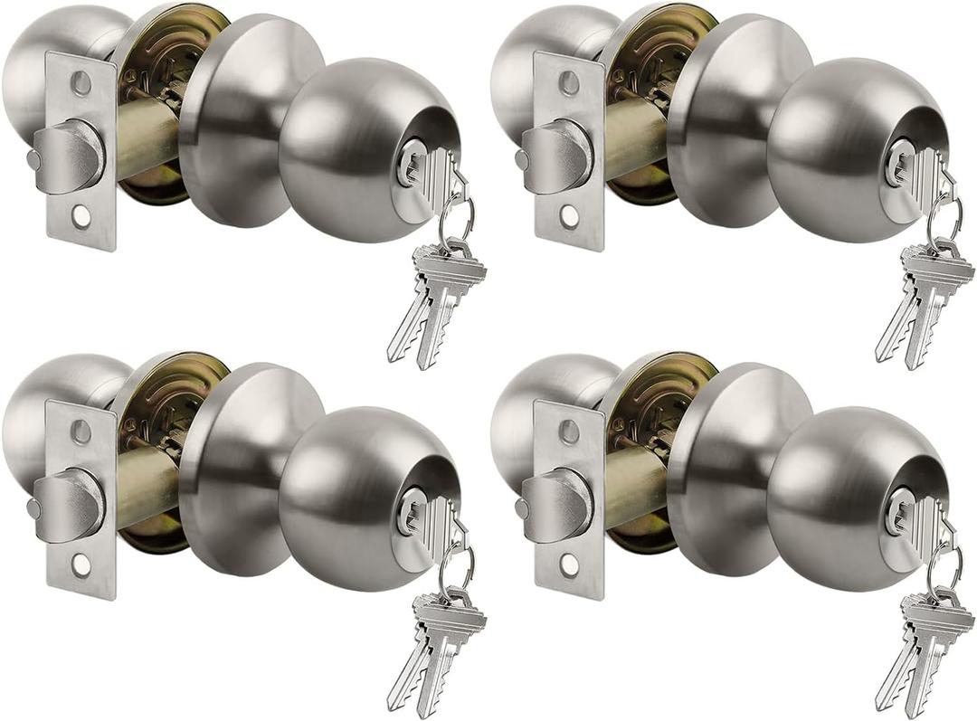 BESTTEN 4 Pack Door Knob with Lock and Key, Keyed Different Entry Door Knob, for Entrance and Front Door, Satin Nickel