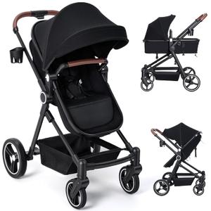 2-1 Baby Stroller, Newborn Toddler Compact Stroller with Convertible Seat, Foldable Pram Stroller with Adjustable Backrest/Canopy& Cup Holder, for 0-48 Months
