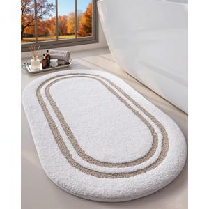 DEXI Oval Bath Mats for Bathroom, 24x43 Absorbent Bath Mat, Washable Microfiber Bathroom Rug with Non Slip Backing for Shower Floor, Beige
