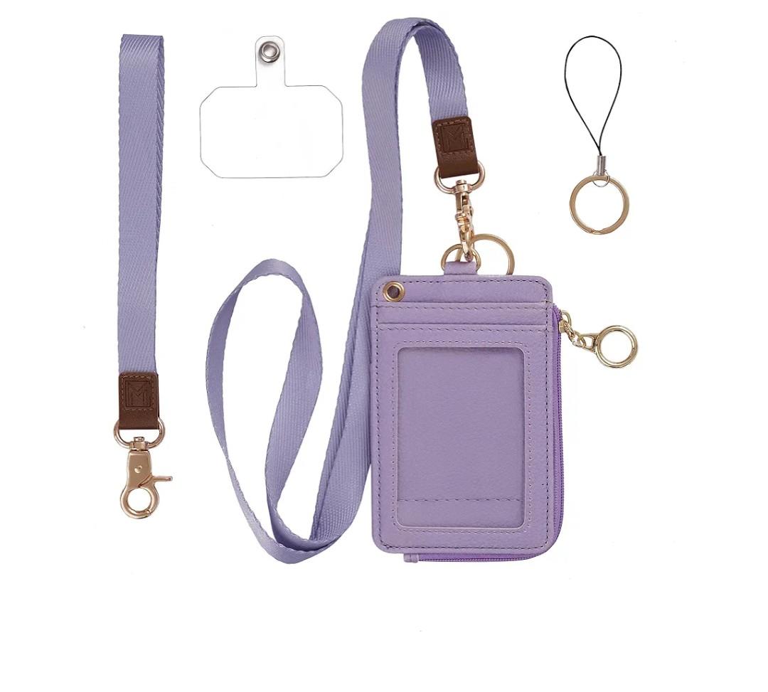 2-in-1 ID Badge Holder & Lanyard Wallet - Multi-Use Womens Small Wallet with Removable Wristlet & Neck Lanyard, Clear Window, 5 Card Slots, Phone Holder, Ring Keychain - Purple