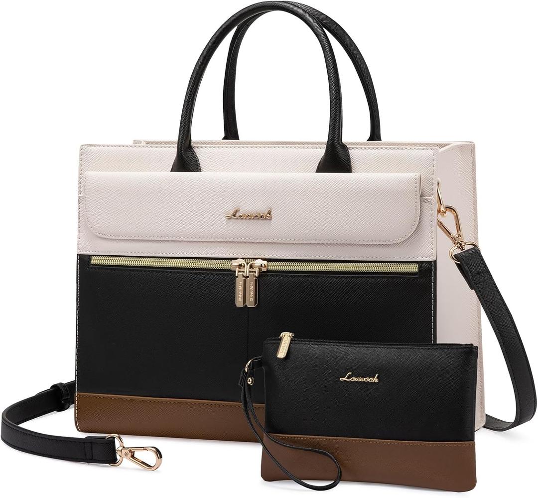 LOVEVOOK Purses and Handbags for Women,Leather Shoulder Bag Black Purse Tote,Satchel Crossbody Bags Top Handle for Ladies (Medium, Black-white-brown)