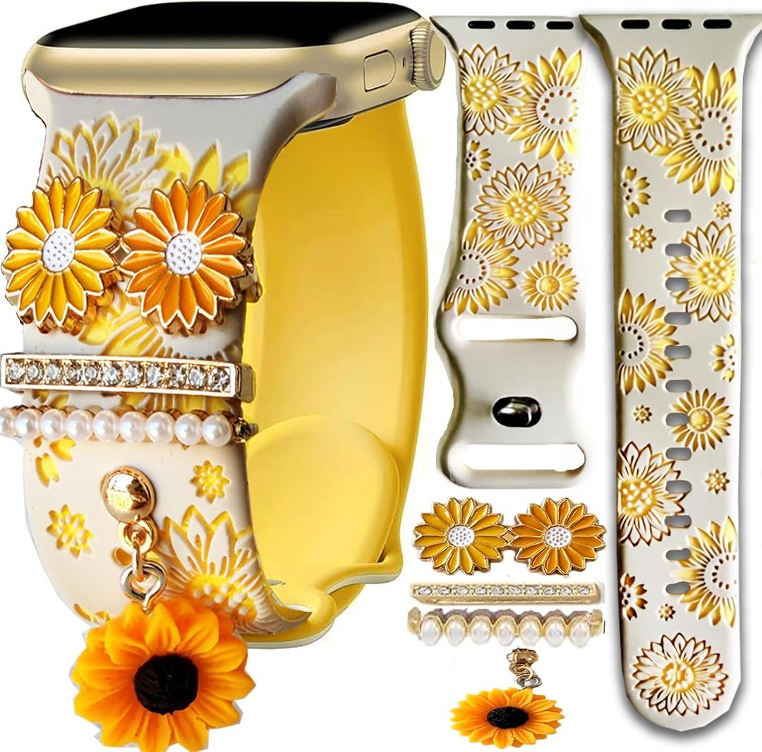 Sunflower Heart Pink Band With Charms Compatible Apple Watch Engraved Women 41mm 40mm 38mm 44mm 45mm 46mm 42mm 49mm,Valentine Floral Dressy Bling Silicone Strap for iphone Watch Series 11 10 9 8 7 6 5 4 Ultra SE 3 2 1