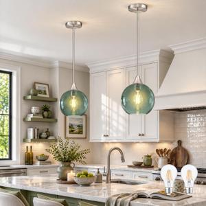 8" Gray Green Glass Modern Pendant Light Kitchen Island 2PK Mid Century Brushed Nickel Modern Pendant Lighting with Glass Globe Modern Hanging Pendant Light for Dining Room（Bulb Incl.