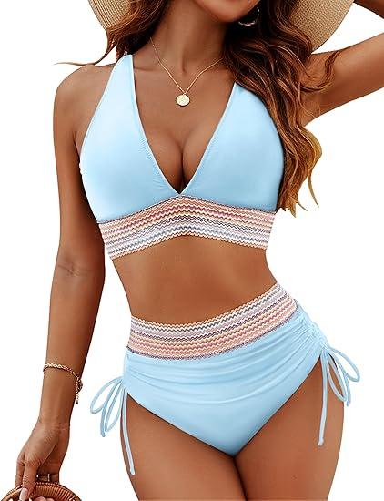 Blooming Jelly Women High Waisted Bikini Sets Tummy Control Swimsuits Color Block Two Piece Bathing Suit (M)