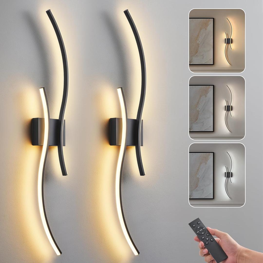 Battery Operated Wall Sconce Set of 2, Dimmable Modern LED Rechargeable Wall Light with Remote Control, Wall Decor for Living Room, Hallway, Quick Install, No Electrician Required, 39.3 inches