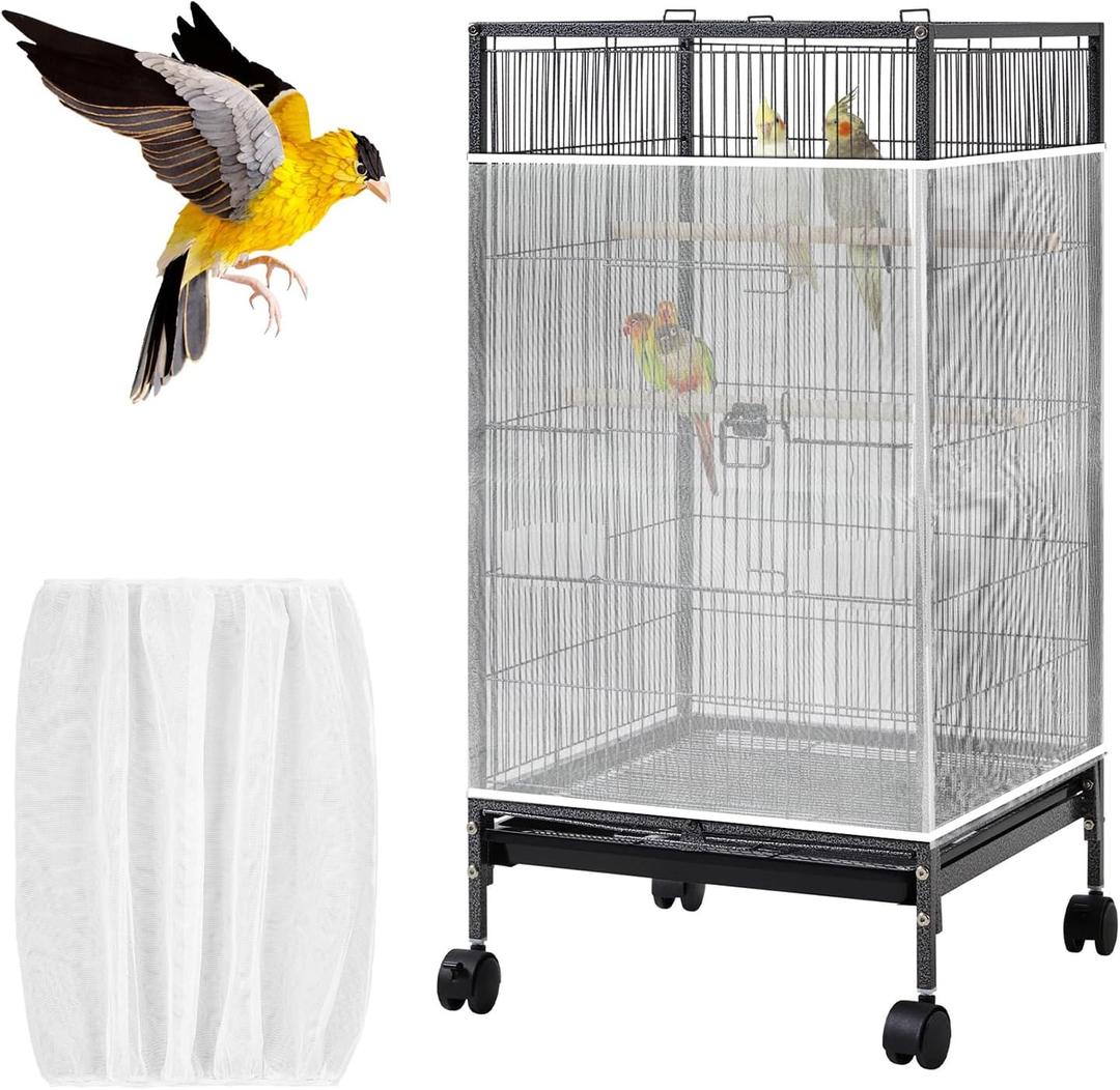White Bird Cage Seed Catcher Adjustable Soft Birdcage Cover Reusable Nylon Mesh Birdcage Net Lightweight Skirt Seed Guard for Parrot Cage Stop Scatter Breathable Round Square Canary