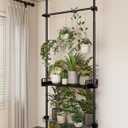 Bamworld Tension Rod Plant Stand Adjustable Hanging Plant Shelf Indoor Tall Plant Pole Stand Floor to Ceiling Pole for Living Room Bedroom Flower Holder For Multiple Plant Pots Display Black