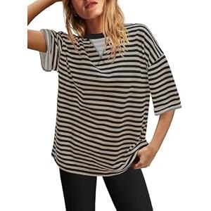 SENSERISE Striped Shirt Women Cute Short Sleeve Tops Casual Crewneck Summer Tops Oversized Tshirts Loungewear(Heather Brown, S)