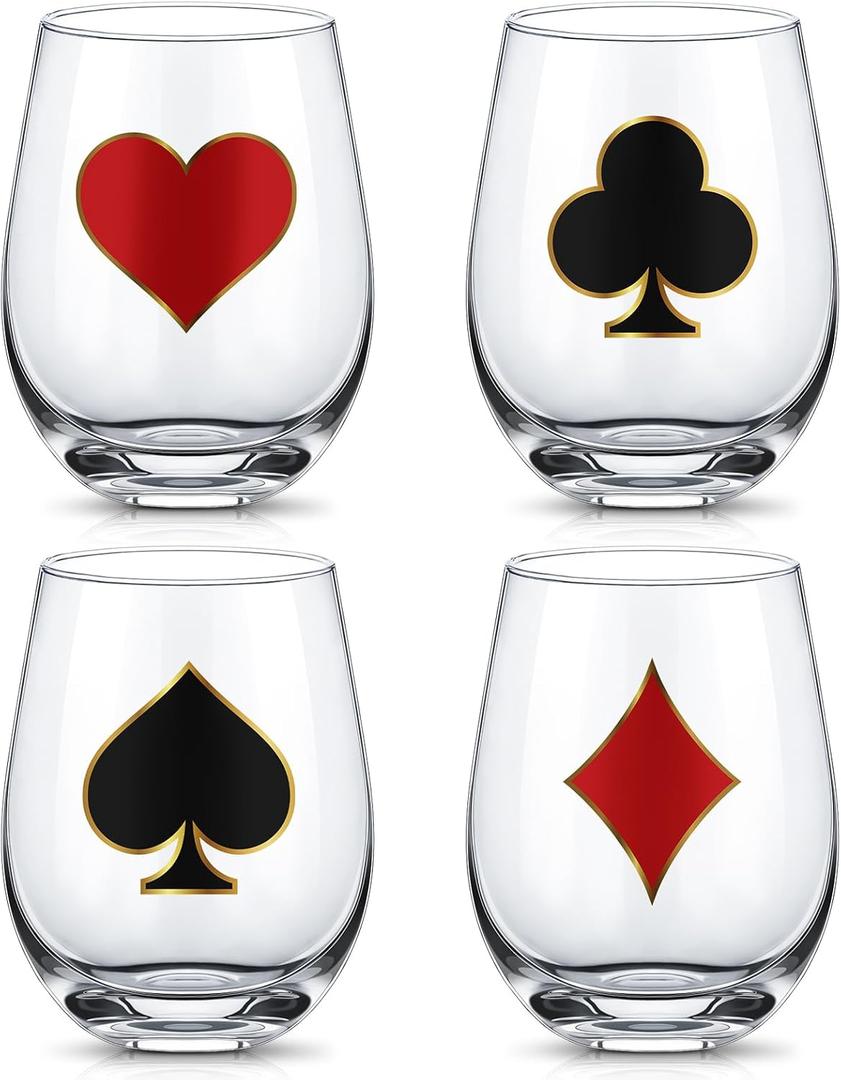 4 Pcs Casino Stemless Wine Glasses 18oz Las Vegas Drinking Glasses Poker Cups Casino Theme Party Decorations for Las Vegas Poker Game Party Gifts Supplies