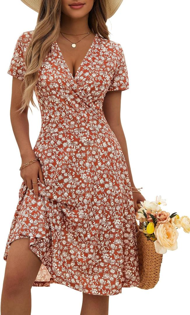 MSBASIC Womens Summer Wrap V Neck Casual Dresses Floral Short Sleeve A-Line Midi Sundress (M)
