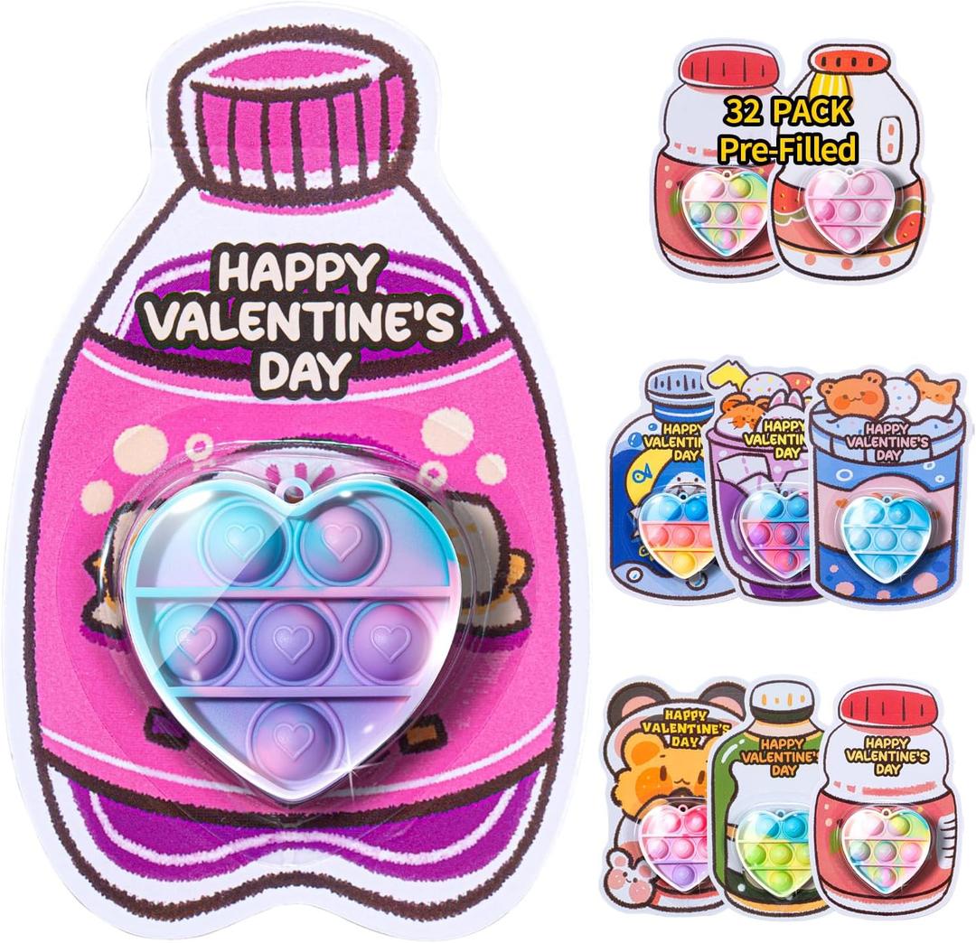 Valentines Day Gifts for Kids - 32 Pack Valentine's Cards with Heart Pop Keychains Bulk - Valentine Fidget Toy Gift for Kids School Classroom Class Exchange Boys Girls Party Favor