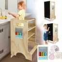 HOTROSE Toddler Kitchen Stool Helper, 4 in 1 Toddler Children Standing Tower with CPC Certified, Adjustable Sliding Board/Chalkboard Kids Step Stool for Bathroom, Safe Montessori Kids Stool