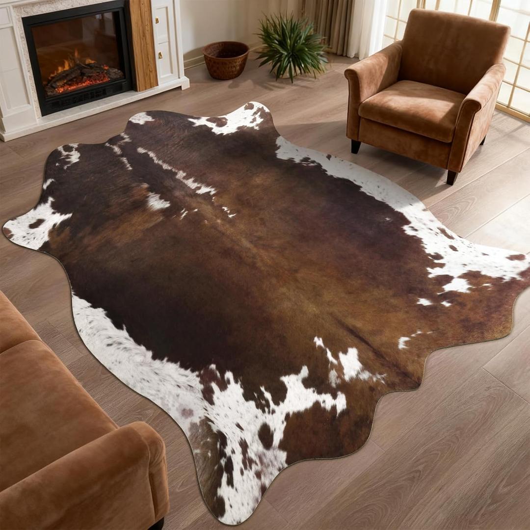 DweIke Faux Cowhide Print Rug for Living Room, 4.6 x 5.2 ft Dark Brown Western Animal Cow Hide Rugs, Non Slip Cool Cow Skin Carpet for Bedroom Dining Room Farmhouse Entrance Home Decor