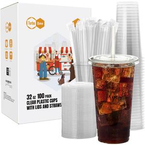 Turbo Bee 100 Sets 32 OZ Clear Plastic Cups with Lids and Straws, Disposable To Go Iced coffee cups with lids for Cold Drinks, Smoothie, and Slushie