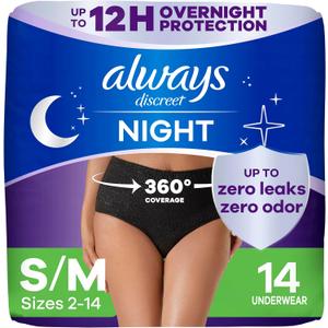 Always Discreet Adult Incontinence Overnight Underwear for Women, Small/Medium, Up to 100% Bladder Leak Protection, 14 Count