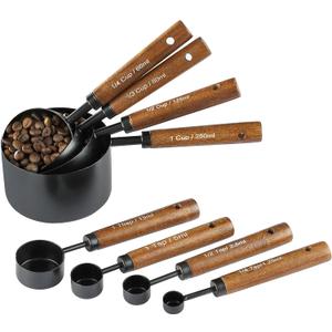 8PCS Measuring Cups and Spoons Set, DV Stainless Steel Measuring Cups with Ergonomic Wooden Handle for Cooking & Baking