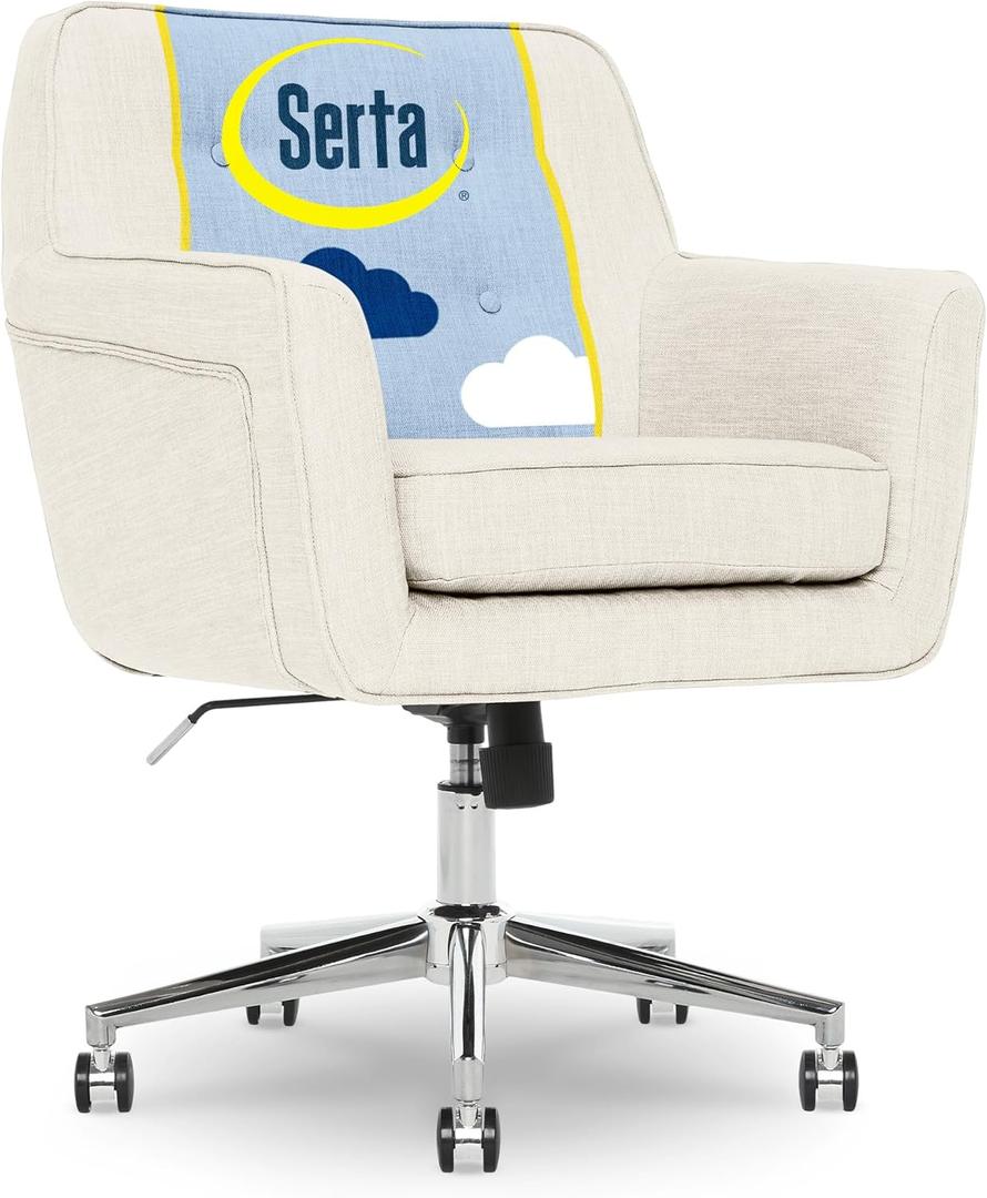 Serta Ashland Home Office Desk Chair with Button Tufted Mid-Back, Memory Foam Cushion and Padded Arms, Mid Century Modern Vanity Armchair with Wheels for Bedroom, Chrome Metal Base, Ivory (Ivory/Twill Fabric)