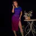 GOKATOSAU Women's Sexy Bodycon Short Sleeve Slit Ruched Summer Club Party Midi Dress Multicolor