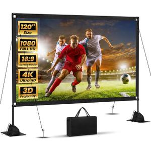 120inch Outdoor Projector Screen with Stand: 16:9 4K HD Portable Projector Screen Outdoor Indoor - Front/Rear Movie Screen with Carry Bag, Sandbag - Projection Screen for Backyard, Camping, Theater