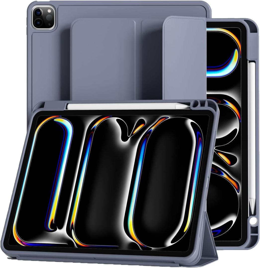 GKABXY Case for iPad Pro 11 inch (M5/M4) 2025/2024 with Pencil Holder,Tri-Fold Stand Cover, Protective Soft TPU Back&Shockproof Air Corner,Supports Apple Pencil Pro, Auto Wake/Sleep (Purple Gray)