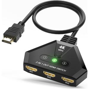 HDMI Switch 3 in 1 Out, 4K@60Hz HDMI Switcher with Gold Plated Ports, Plug & Play, Supports Full HD 1080P 3D Compatible with Roku TV Stick HDTV PS4/PS5 Xbox, Ideal for Gaming, Home Theater, Streaming