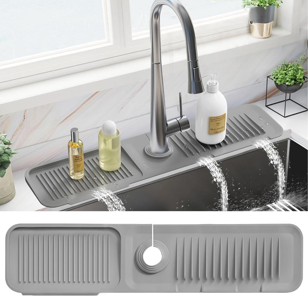 PoYang 24 Inch Faucet Mat for Kitchen Sink Splash Guard Behind Faucet, Sink Protectors for Kitchen Sink Faucet Mat Splash Guard for Kitchen Sink Area, Longer Silicone Faucet Guard & Draining Mat, Grey (23.6" x 5.5", Gray)