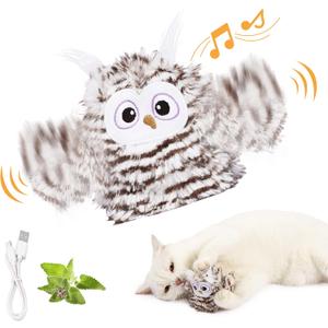 Interactive Cat Toy Rechargeable Automatic Chirping Owl Kitten Toy with Catnip, Auto Beating Wings Flying Bird Cat Toys for Indoor Cats to Play Alone, Never Boredom