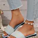 OYOANGLE Women's Pearl Decor Square Toe Sandals Leather Open Toe Flat Slip On Slides Light Blue 9.5