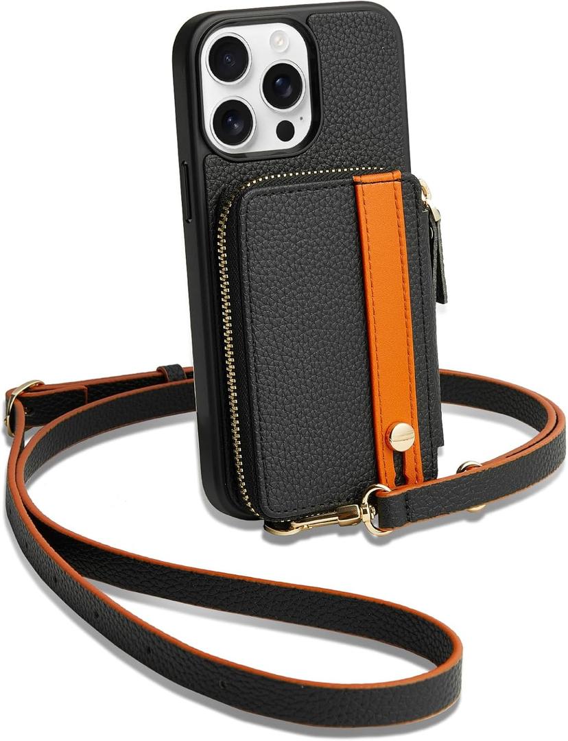 LAMEEKU for iPhone 14 Pro Max Wallet Case with Card Holder, Zipper Leather Crossbody Case with Kickstand Wrist Strap Lanyard for Women, Protective Cover with Phone Grip Holder Stand 5G 6.7 inch Black